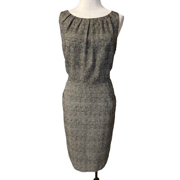 Kasper Sheath Dress 12 Black Gray Shimmer Gold Linen Blend Pockets Sleeveless - Picture 1 of 15